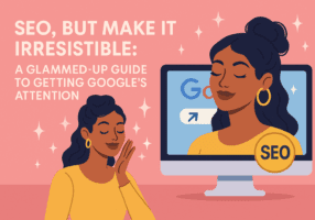 Digital marketing glow-up concept with laptop, charts, and branding elements representing SEO optimization by Top Fin Marketing.